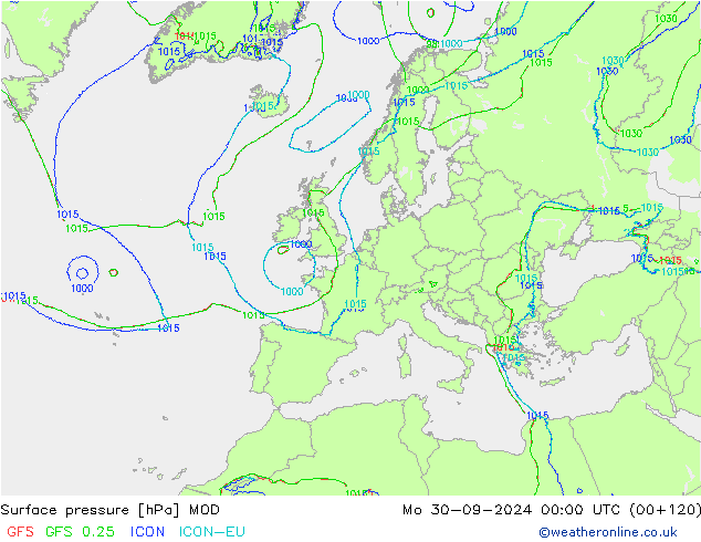 Surface pressure MOD Mo 30.09.2024 00 UTC