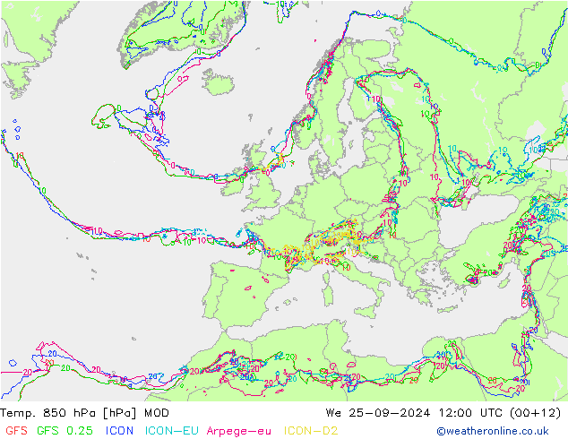 Temp. 850 hPa MOD mer 25.09.2024 12 UTC