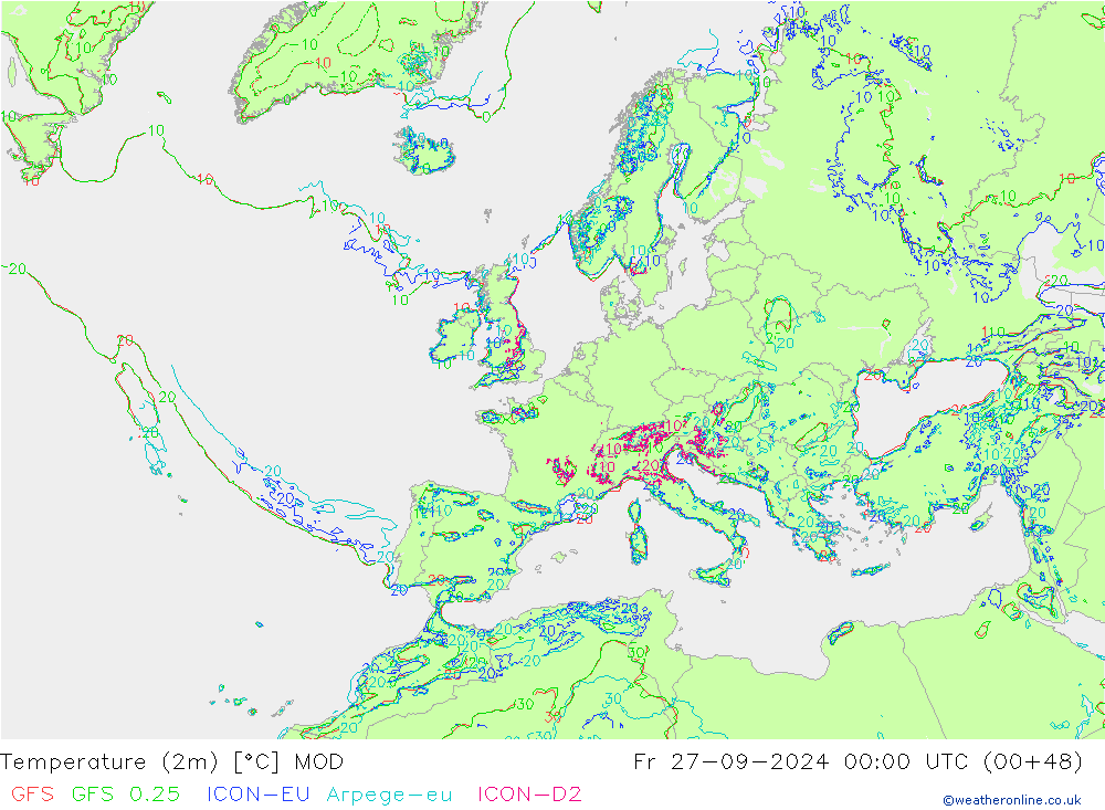 Temperatuurkaart (2m) MOD vr 27.09.2024 00 UTC