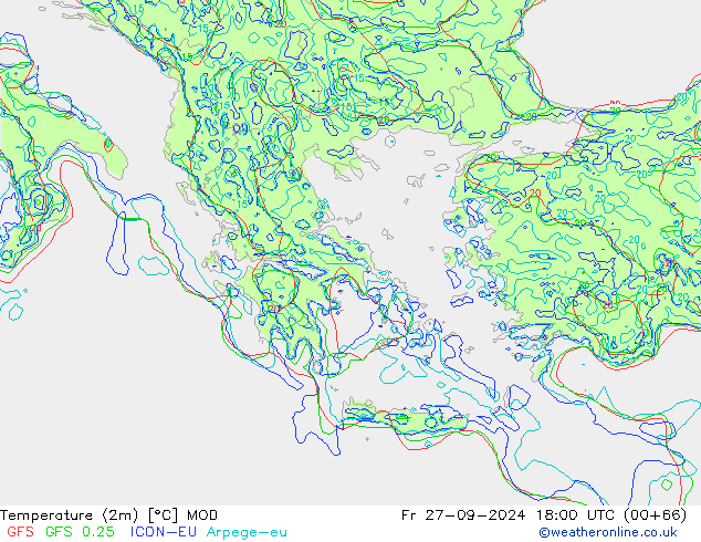 Temperatuurkaart (2m) MOD vr 27.09.2024 18 UTC