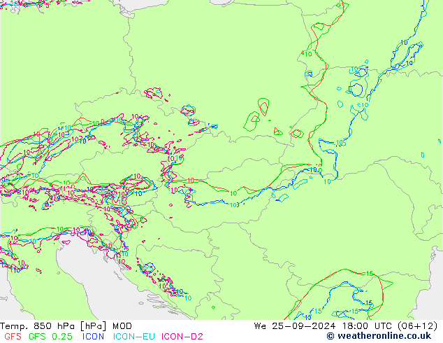 Temp. 850 hPa MOD Qua 25.09.2024 18 UTC