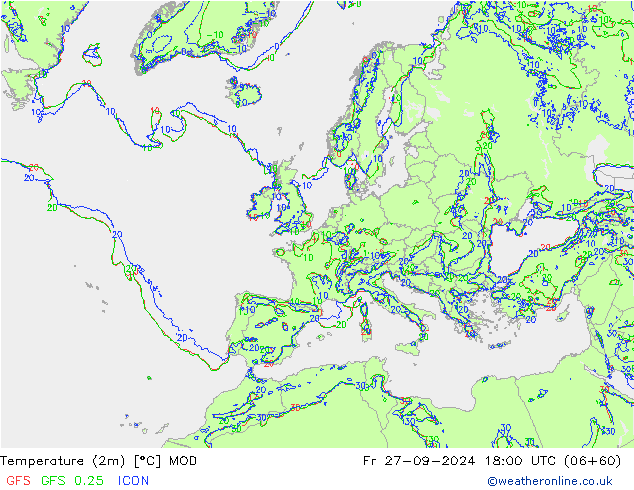 Temperature (2m) MOD Fr 27.09.2024 18 UTC