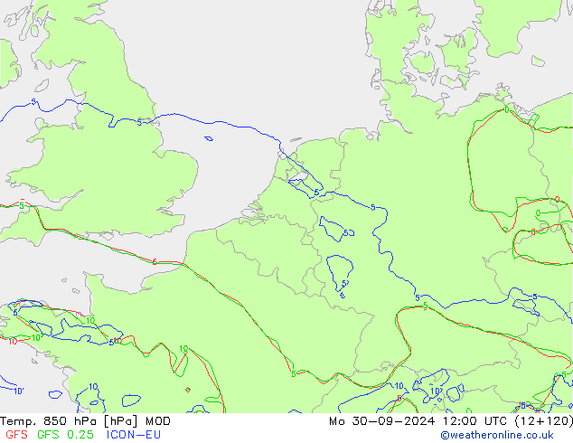 Temp. 850 hPa MOD Mo 30.09.2024 12 UTC