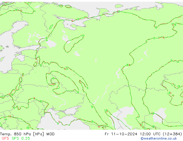 Temp. 850 гПа MOD пт 11.10.2024 12 UTC