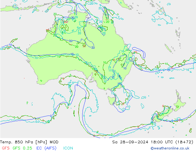 Temp. 850 hPa MOD so. 28.09.2024 18 UTC