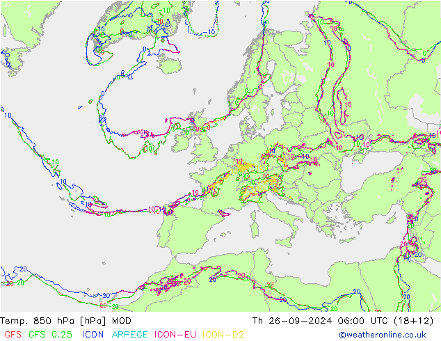 Temp. 850 hPa MOD Th 26.09.2024 06 UTC