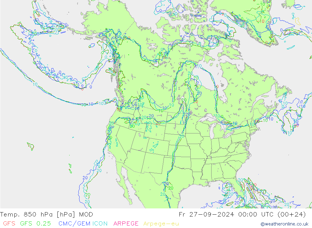 Temp. 850 hPa MOD Fr 27.09.2024 00 UTC