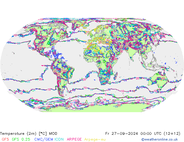 Temperatuurkaart (2m) MOD vr 27.09.2024 00 UTC