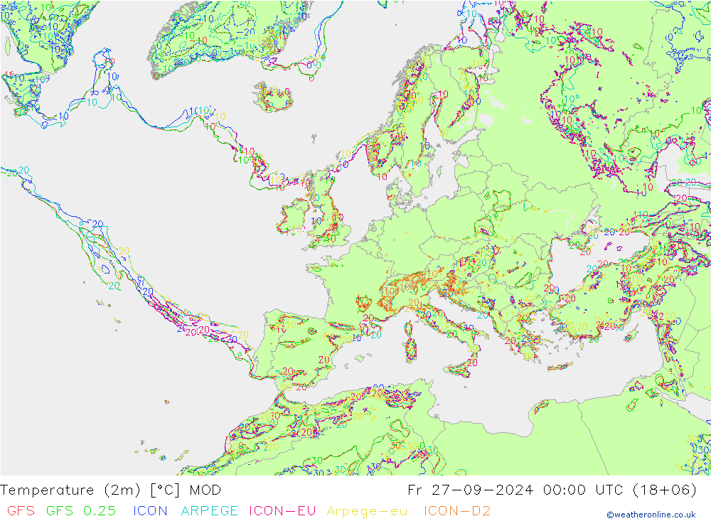 Temperaturkarte (2m) MOD Fr 27.09.2024 00 UTC