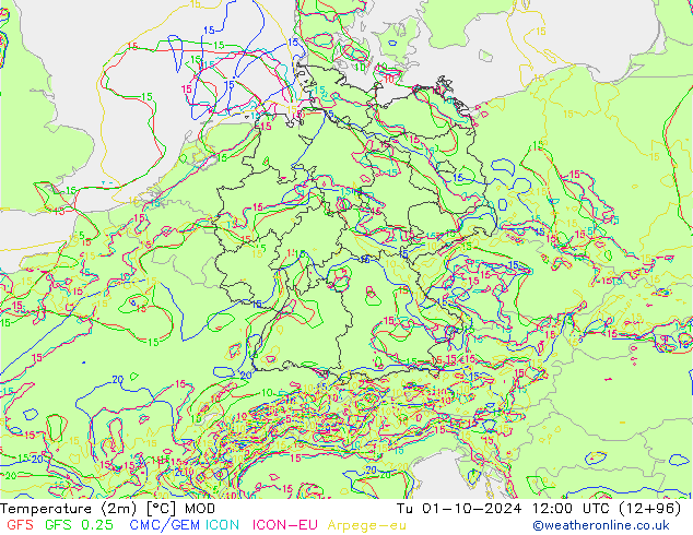 Temperatuurkaart (2m) MOD di 01.10.2024 12 UTC