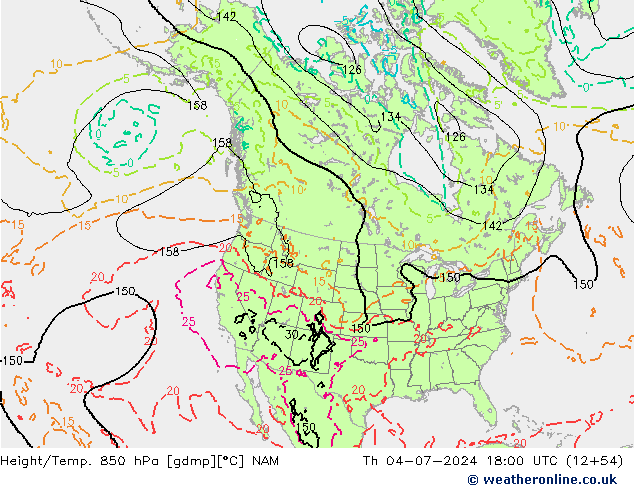 Height/Temp. 850 hPa NAM 星期四 04.07.2024 18 UTC