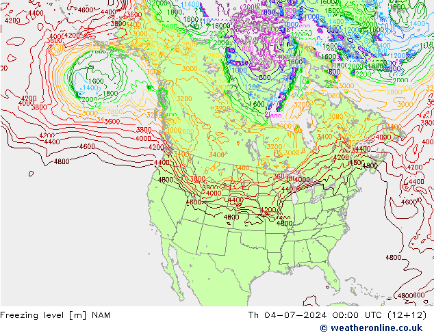 Freezing level NAM 星期四 04.07.2024 00 UTC