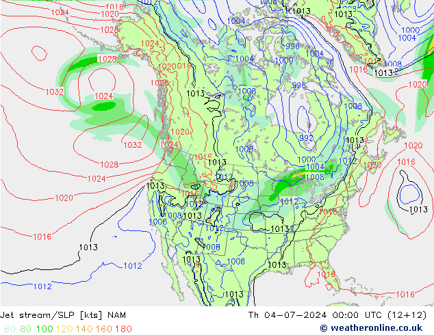 高速氣流/地面气压 NAM 星期四 04.07.2024 00 UTC