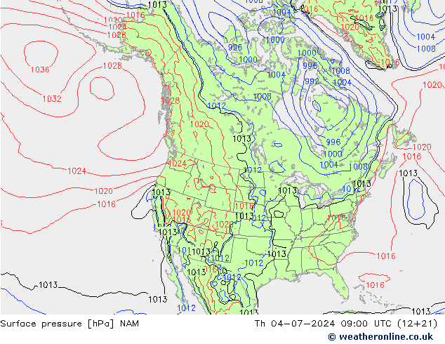 地面气压 NAM 星期四 04.07.2024 09 UTC