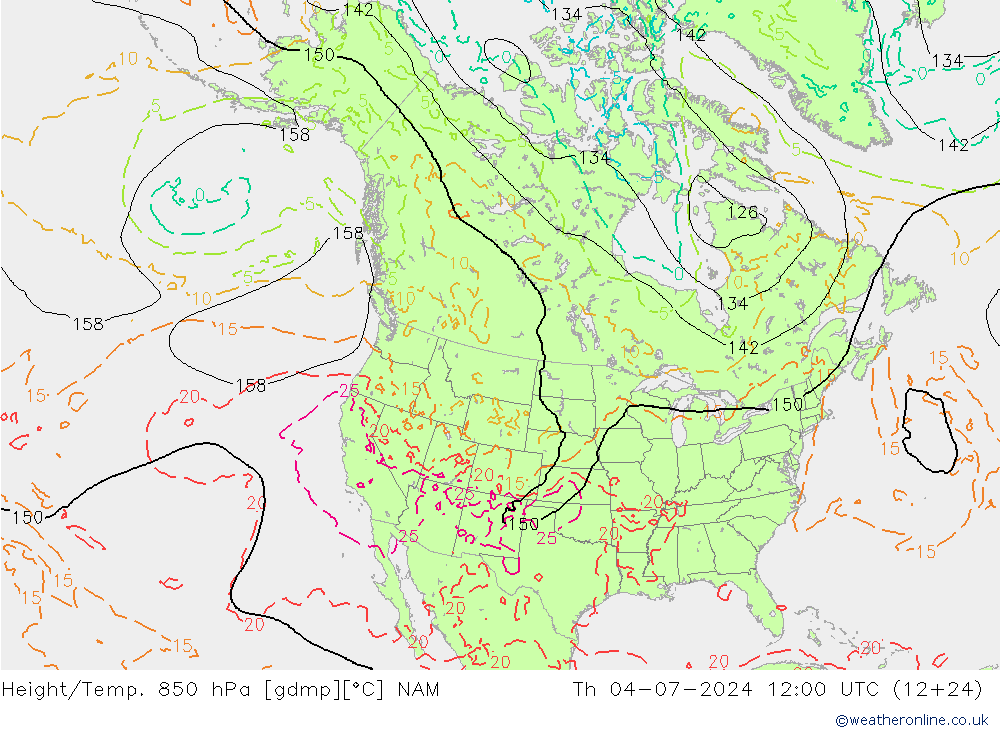 Height/Temp. 850 hPa NAM 星期四 04.07.2024 12 UTC