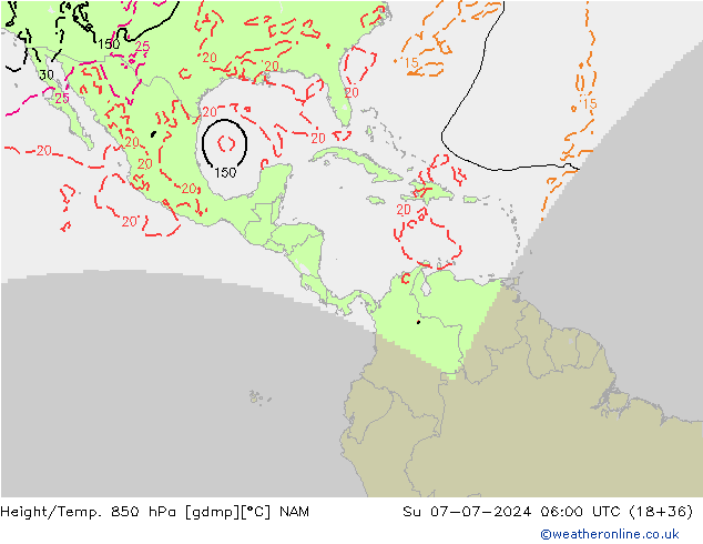 Hoogte/Temp. 850 hPa NAM zo 07.07.2024 06 UTC