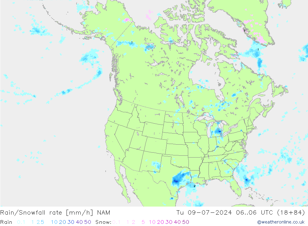 Regen/Sneeuwval NAM di 09.07.2024 06 UTC