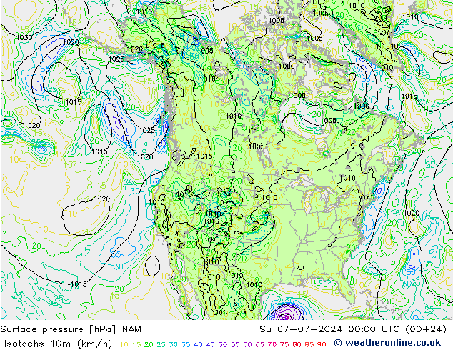 10米等风速线 (kph) NAM 星期日 07.07.2024 00 UTC