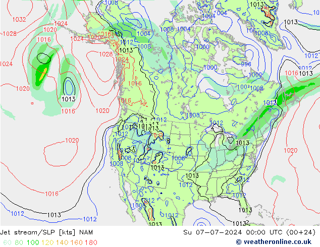 高速氣流/地面气压 NAM 星期日 07.07.2024 00 UTC