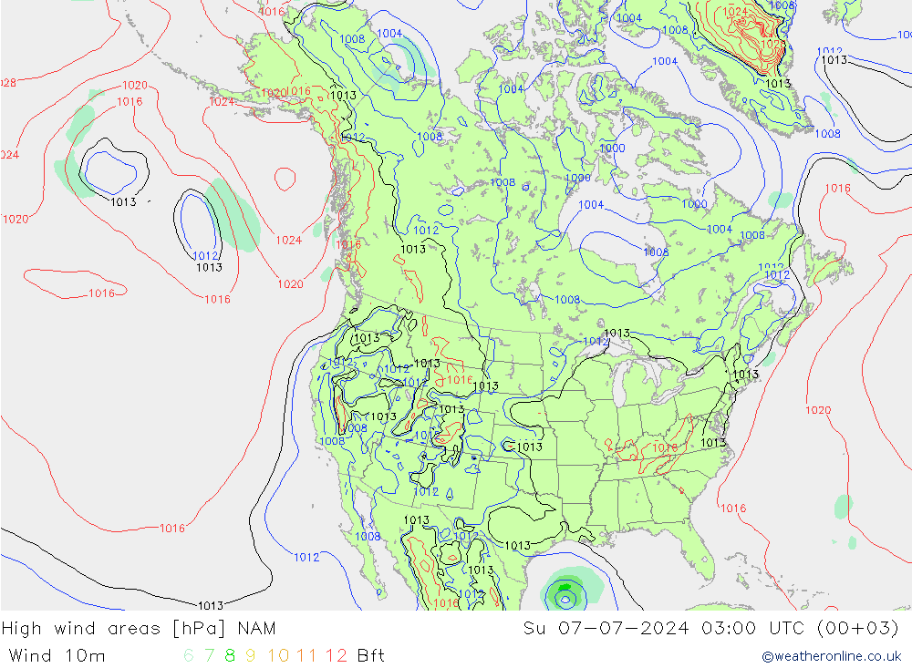 High wind areas NAM 星期日 07.07.2024 03 UTC