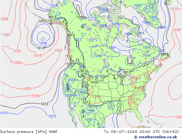 地面气压 NAM 星期二 09.07.2024 00 UTC