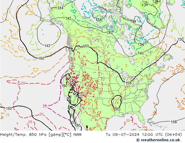 Hoogte/Temp. 850 hPa NAM di 09.07.2024 12 UTC