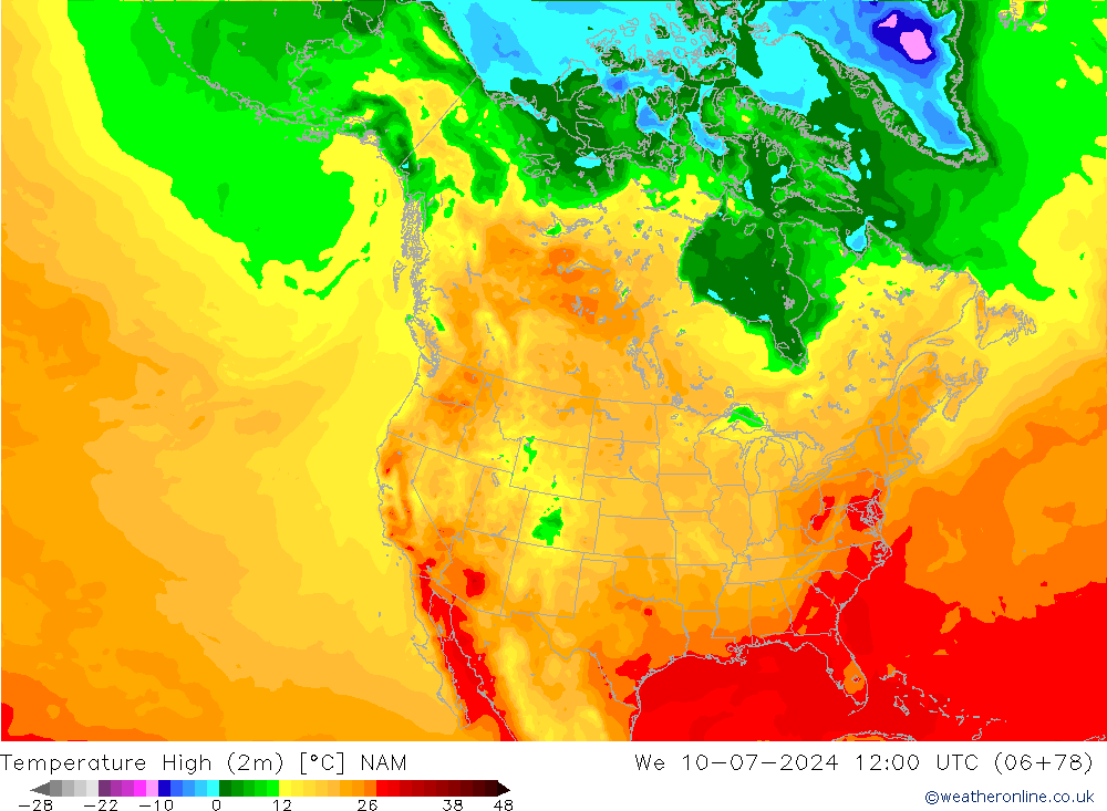Max.temperatuur (2m) NAM wo 10.07.2024 12 UTC
