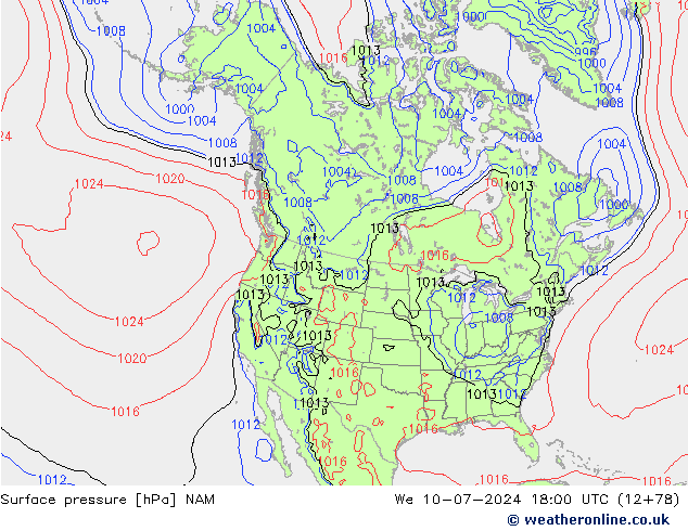 地面气压 NAM 星期三 10.07.2024 18 UTC