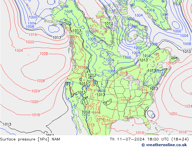 地面气压 NAM 星期四 11.07.2024 18 UTC