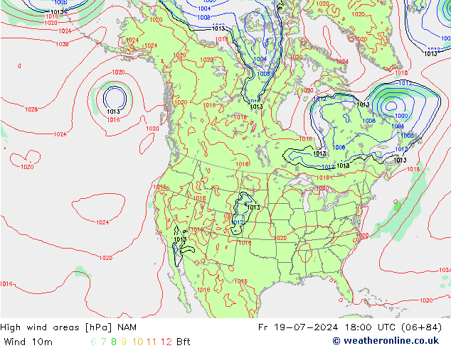 High wind areas NAM 星期五 19.07.2024 18 UTC