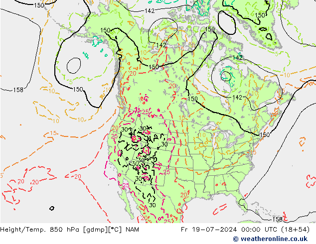 Hoogte/Temp. 850 hPa NAM vr 19.07.2024 00 UTC
