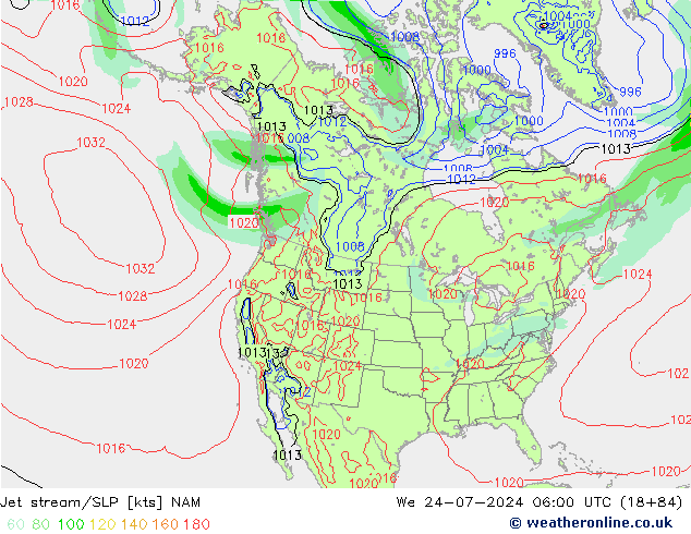 高速氣流/地面气压 NAM 星期三 24.07.2024 06 UTC