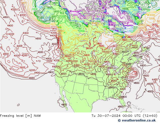 Freezing level NAM 星期二 30.07.2024 00 UTC