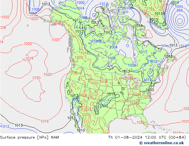 地面气压 NAM 星期四 01.08.2024 12 UTC