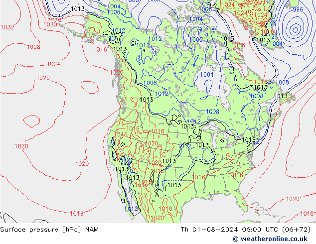 地面气压 NAM 星期四 01.08.2024 06 UTC