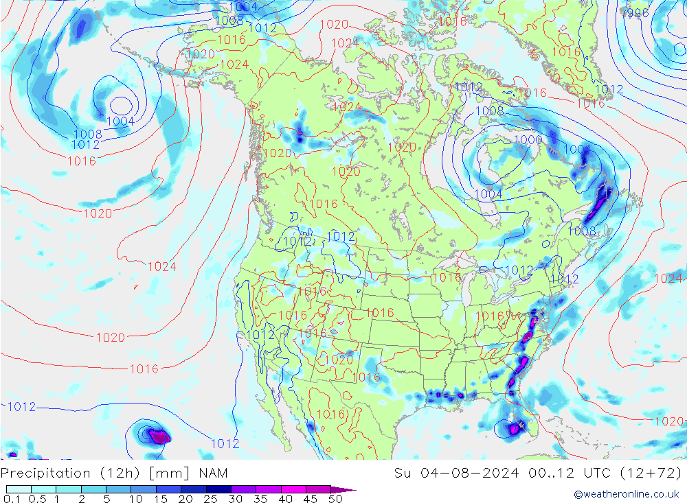 Precipitation (12h) NAM Su 04.08.2024 12 UTC