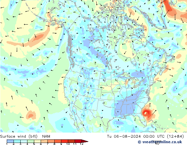 Wind 10 m (bft) NAM di 06.08.2024 00 UTC