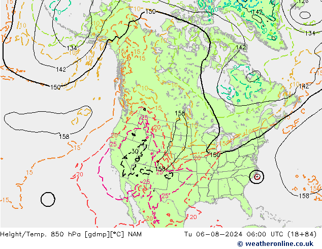 Height/Temp. 850 hPa NAM 星期二 06.08.2024 06 UTC