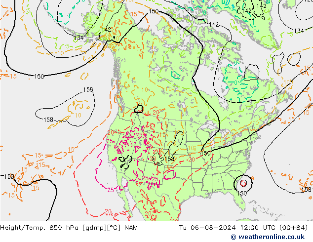 Hoogte/Temp. 850 hPa NAM di 06.08.2024 12 UTC