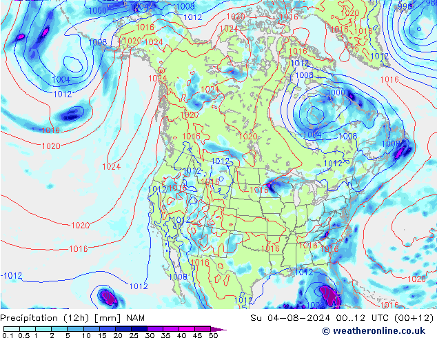 Totale neerslag (12h) NAM zo 04.08.2024 12 UTC