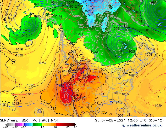 SLP/Temp. 850 hPa NAM zo 04.08.2024 12 UTC