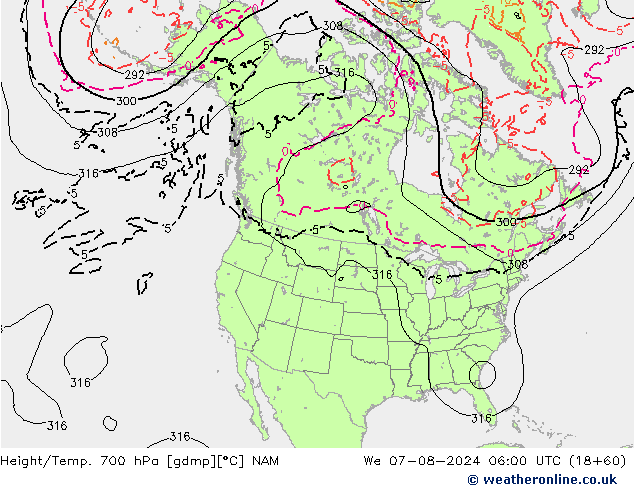 Height/Temp. 700 hPa NAM 星期三 07.08.2024 06 UTC