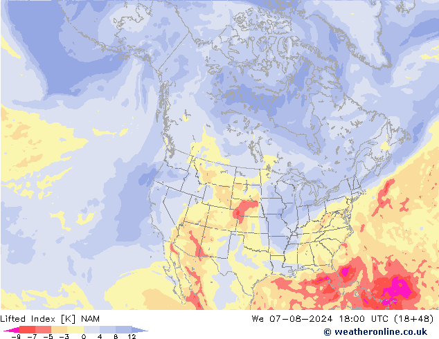 Lifted Index NAM 星期三 07.08.2024 18 UTC