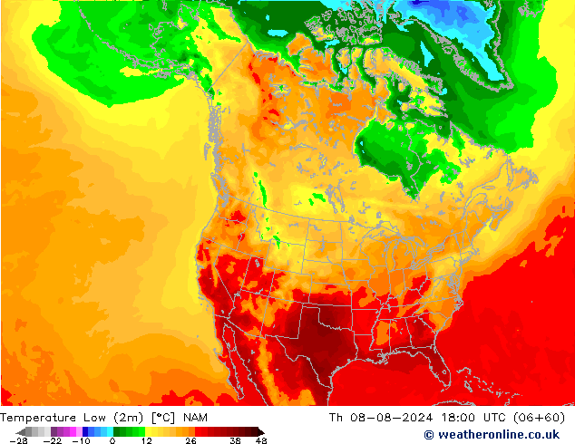 Min.temperatuur (2m) NAM do 08.08.2024 18 UTC