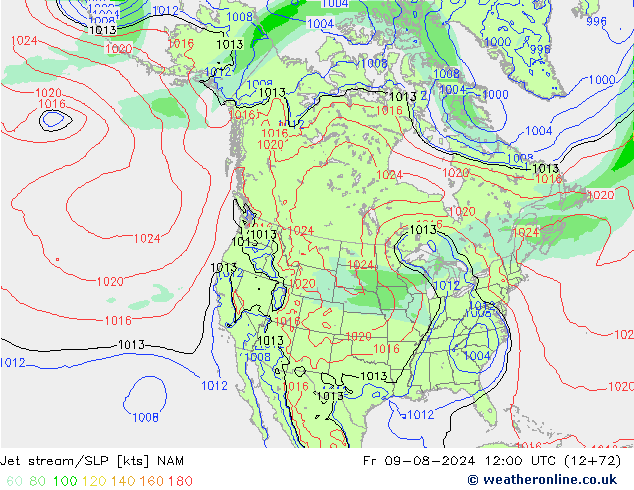 高速氣流/地面气压 NAM 星期五 09.08.2024 12 UTC