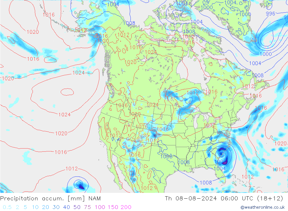 Totale neerslag NAM do 08.08.2024 06 UTC