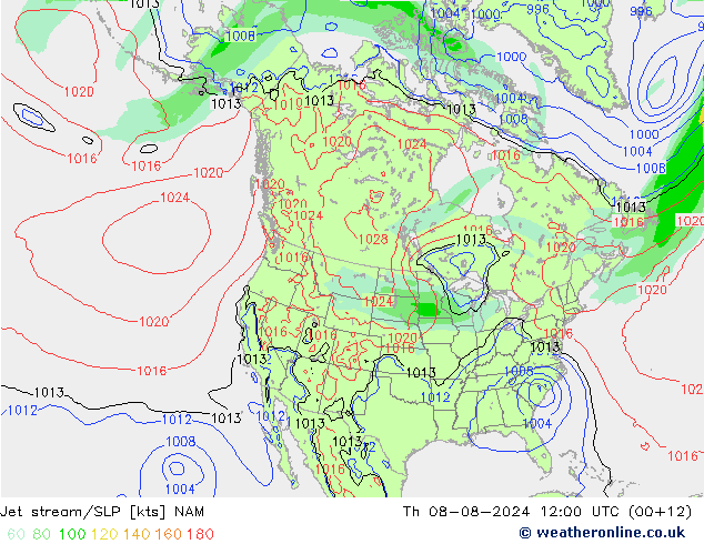 高速氣流/地面气压 NAM 星期四 08.08.2024 12 UTC