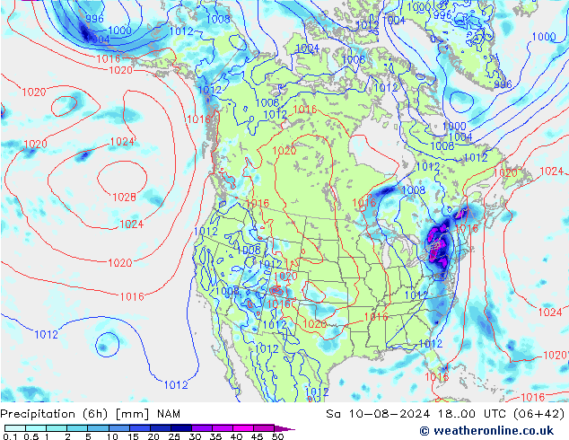 Totale neerslag (6h) NAM za 10.08.2024 00 UTC