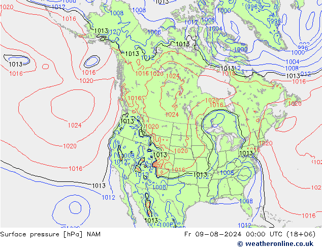 地面气压 NAM 星期五 09.08.2024 00 UTC