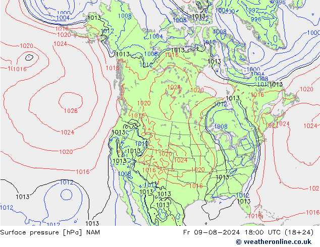 地面气压 NAM 星期五 09.08.2024 18 UTC